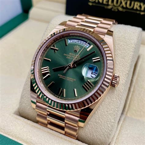 rolex day date rose gold olive green|rolex day date 40.